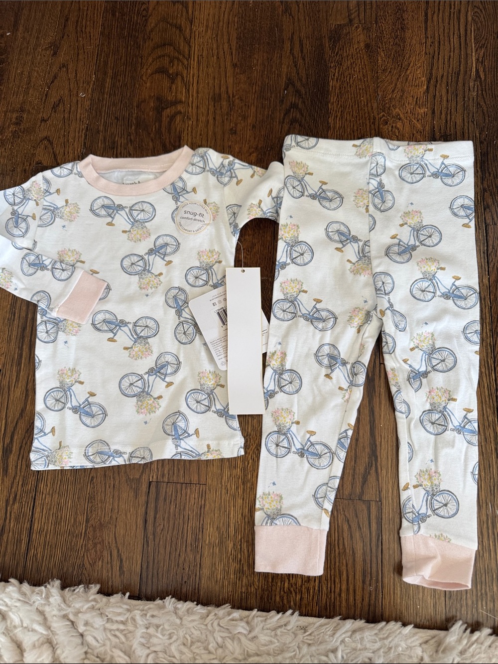 Burt's Bees Baby White Bicycle Print Pajama Set with Pink Trim